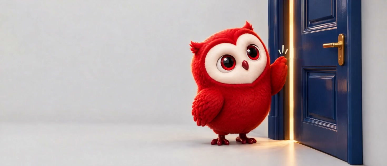 Knocky, the Team Knocknock owl, knocking on a navy door