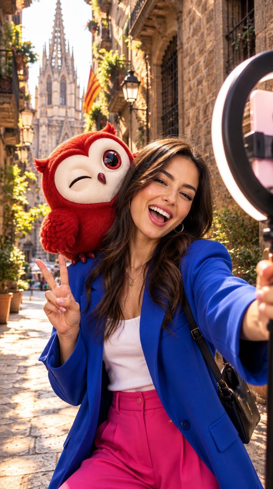 Knocky photobombing a creator's selfie in Barcelona