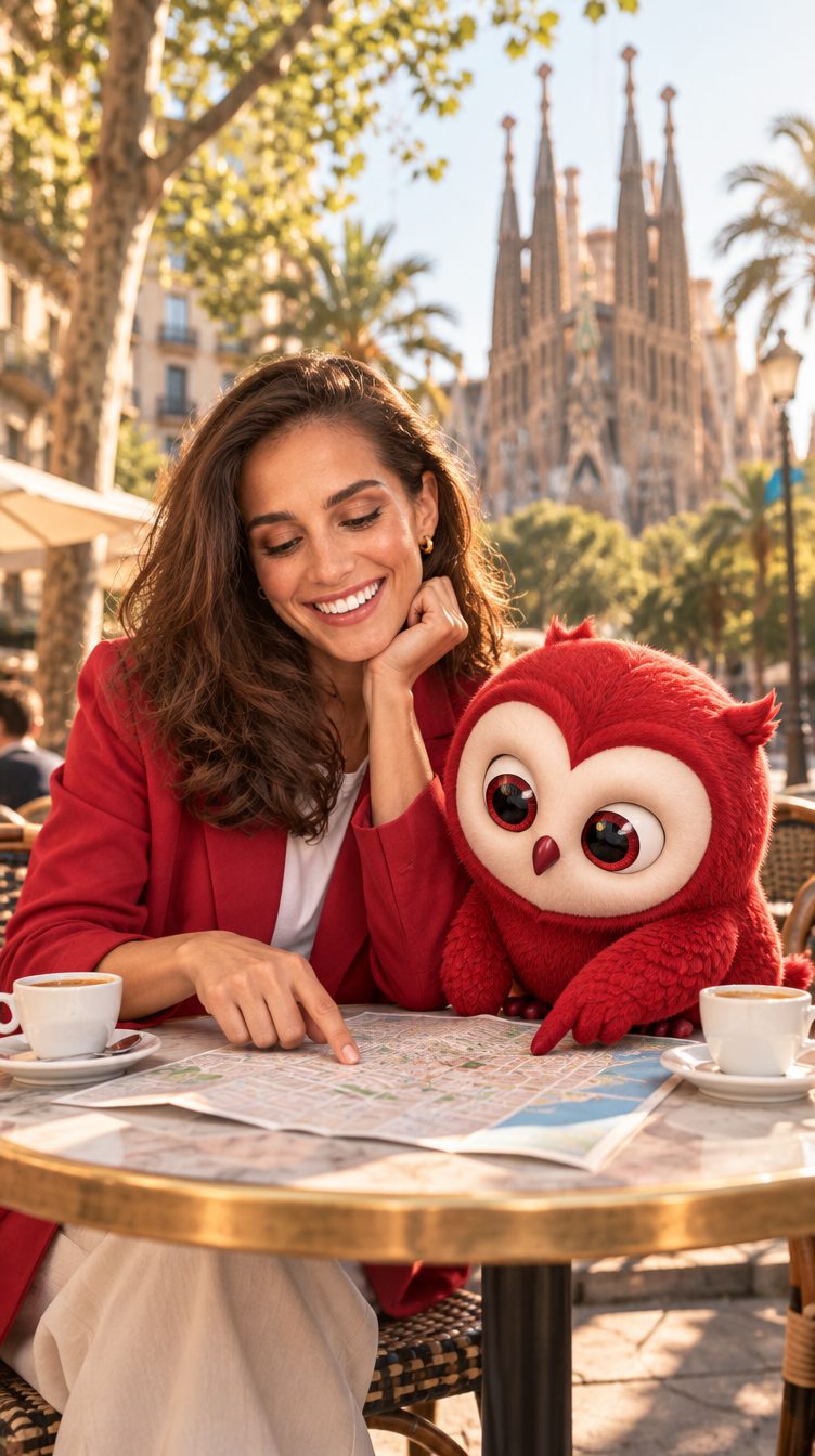 AI-generated image: Ada, our AI presenter, and Knocky in Barcelona